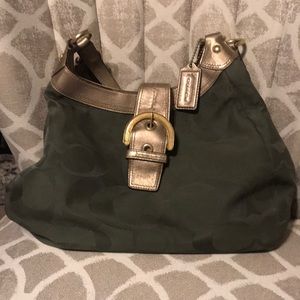 Coach bag- green fabric and gold leather & buckle